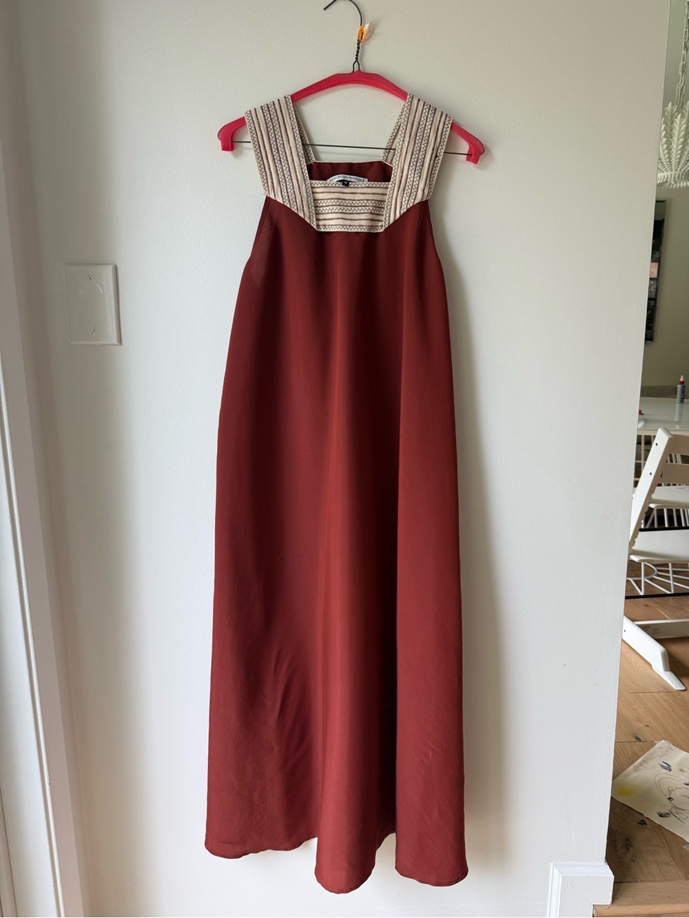 Adolfo Dominguez Brick Red Rust Maxi Dress with Cream Embroidered Yoke